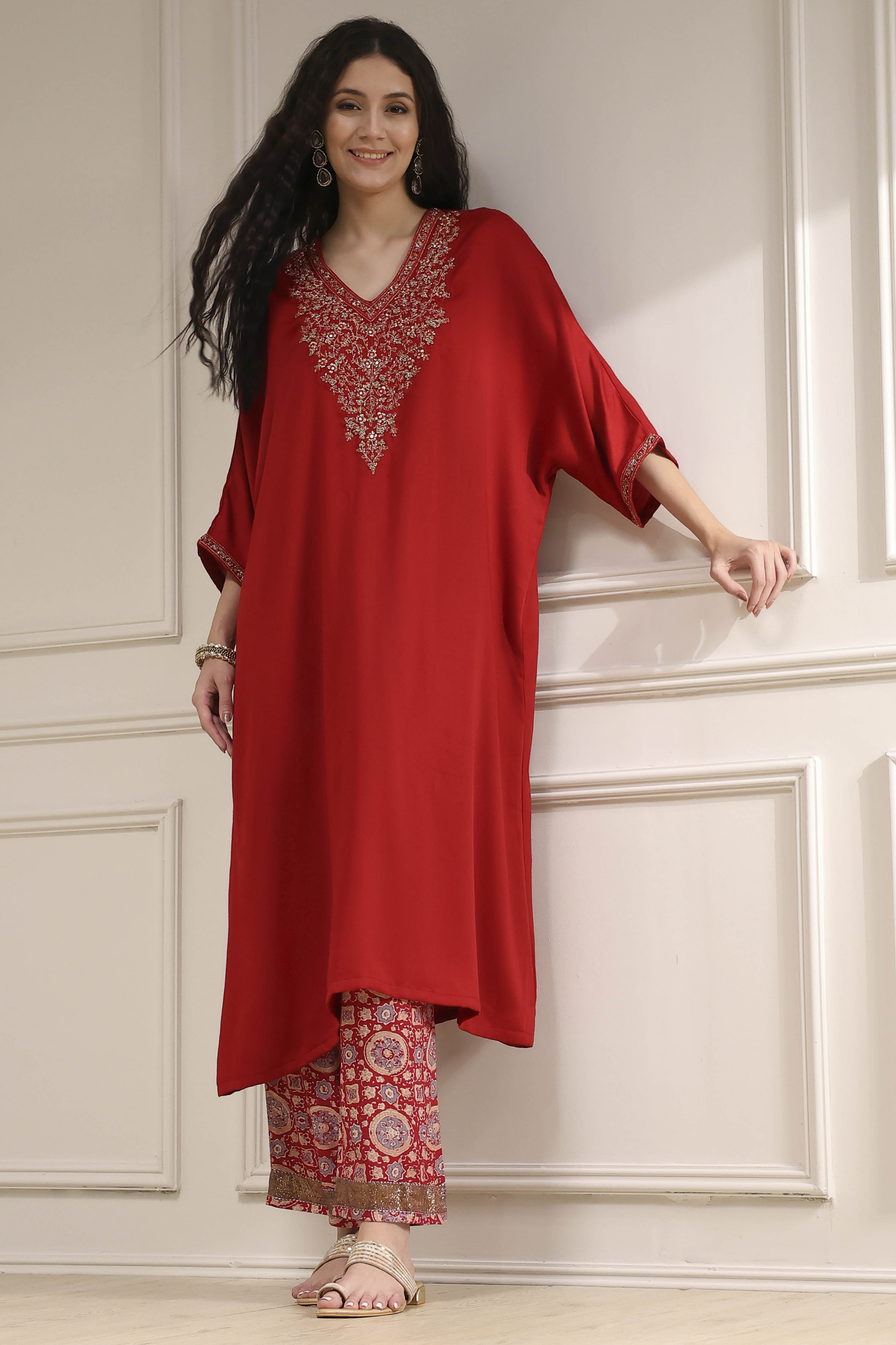 Purple Satin Solid Kaftan-Style Kurta Set image number 0