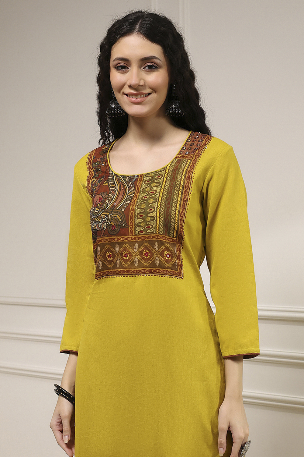 Yellow Cotton Hand Block Print Unstitched Suit Set image number 2