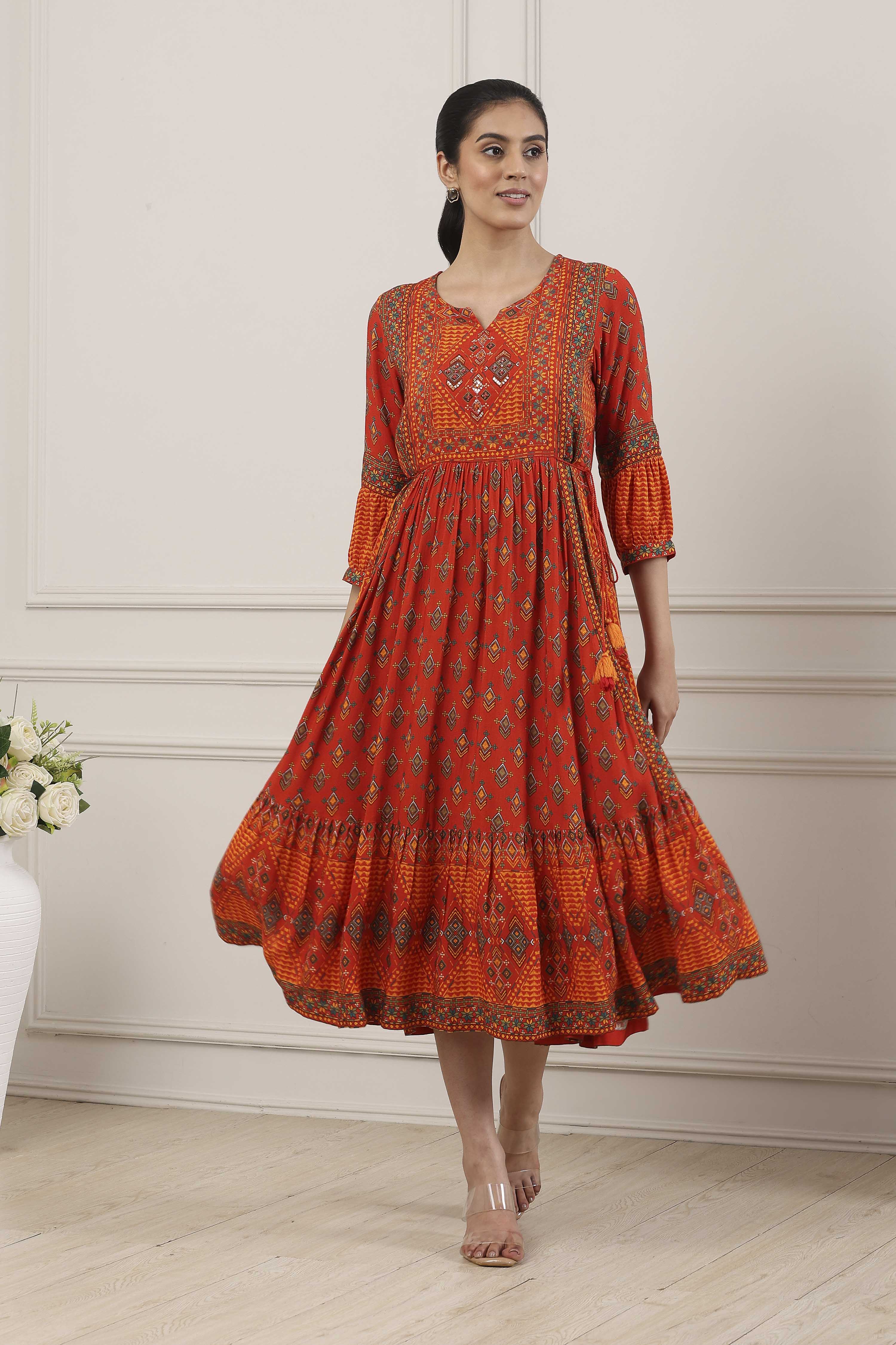 Indigo Ethnic Motifs Flared Midi Dress image number 0