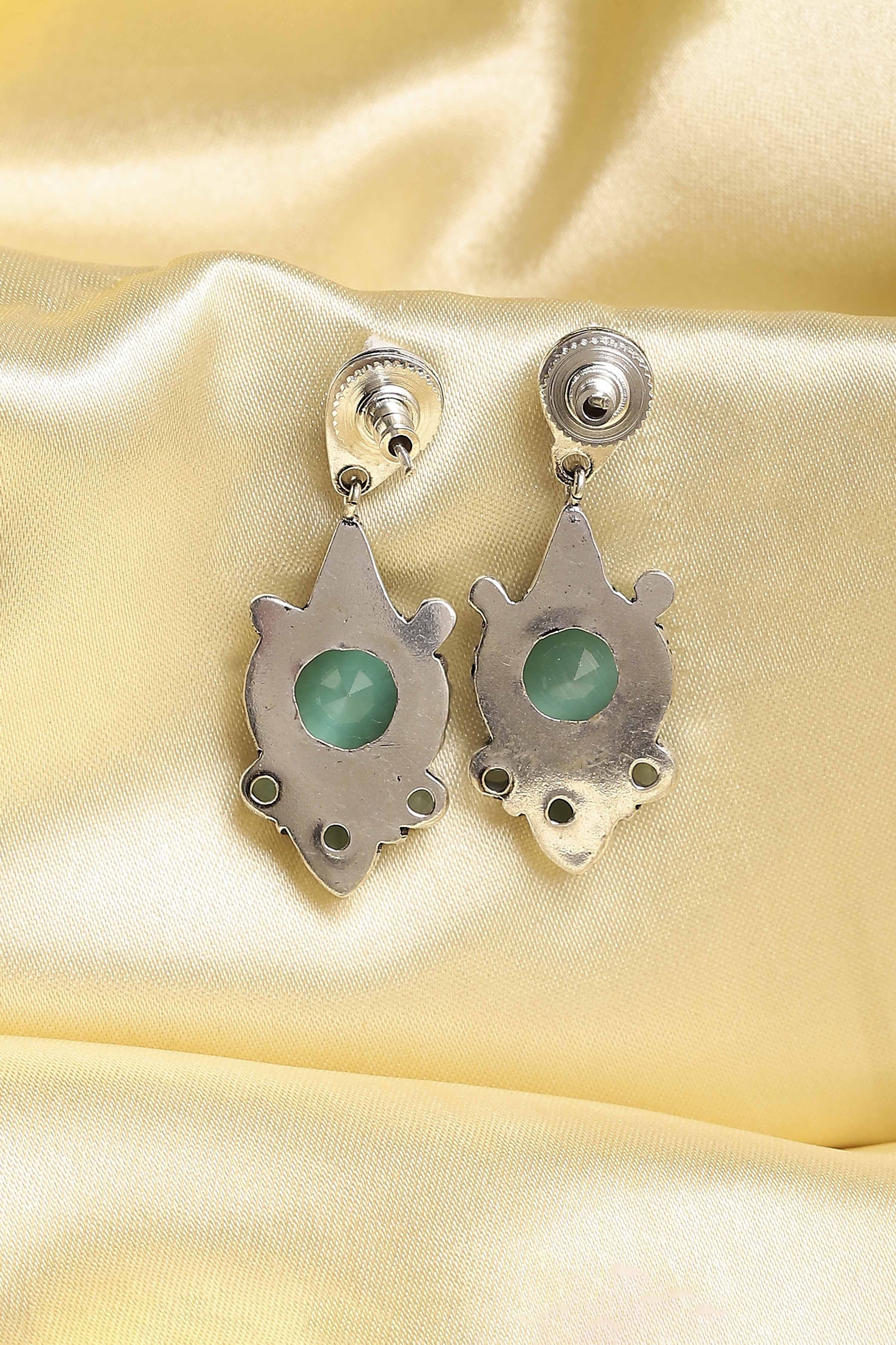Silver Toned & Green Brass Studded Drop Earrings image number 2