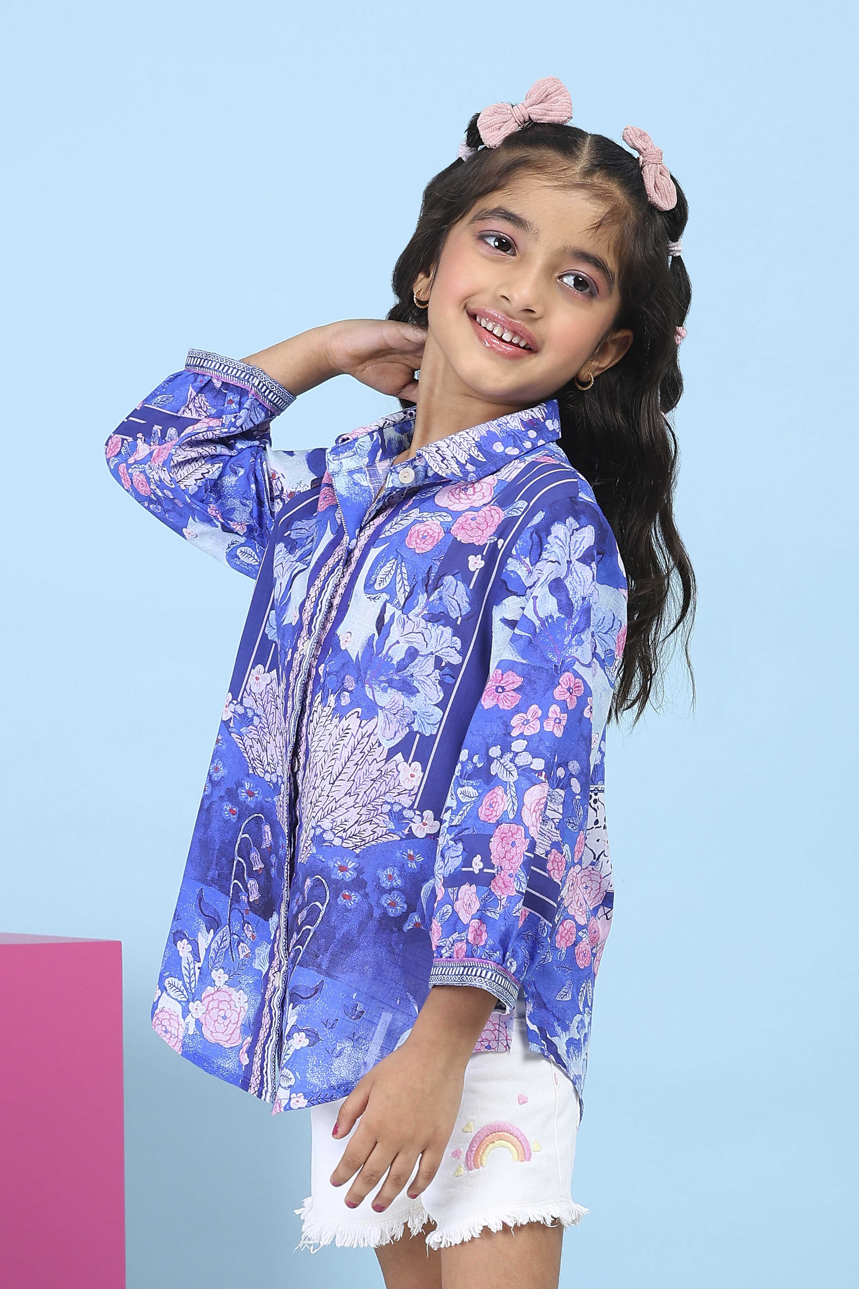 Blue Cotton Floral Printed Shirt image number 2