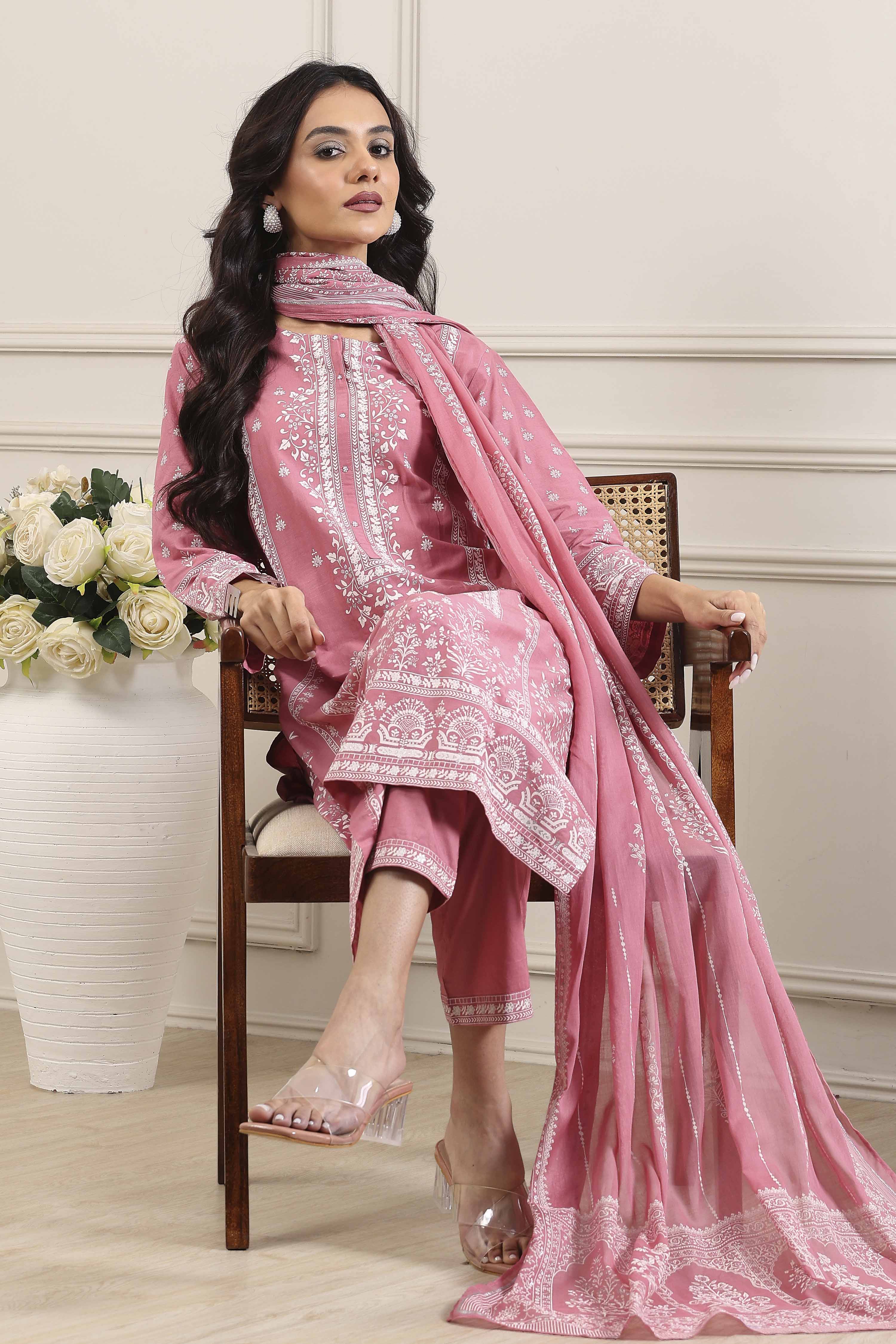 Turquoise Blue Cotton Floral Printed Straight Suit Set image number 7