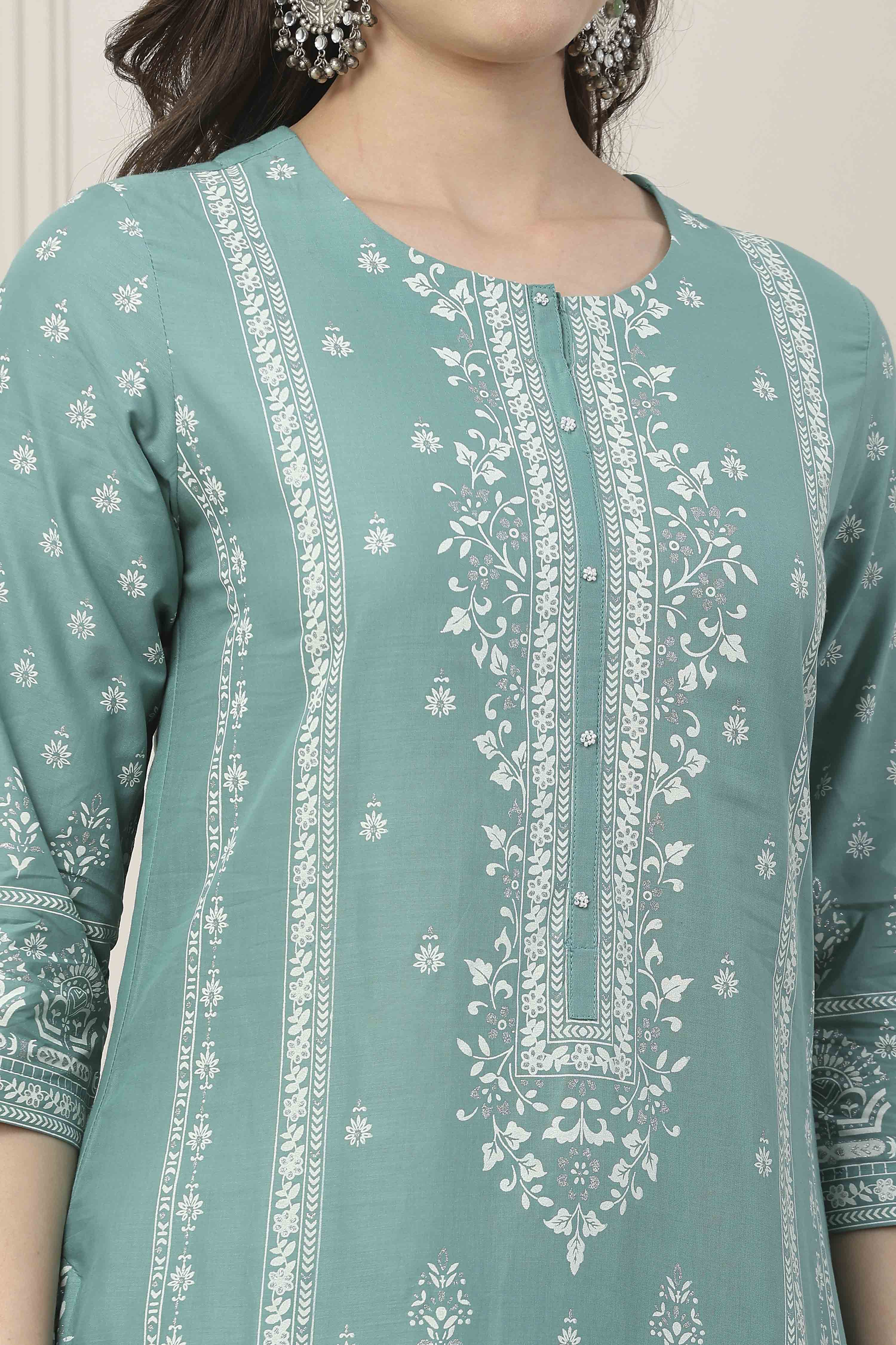 Turquoise Blue Cotton Floral Printed Straight Suit Set image number 1