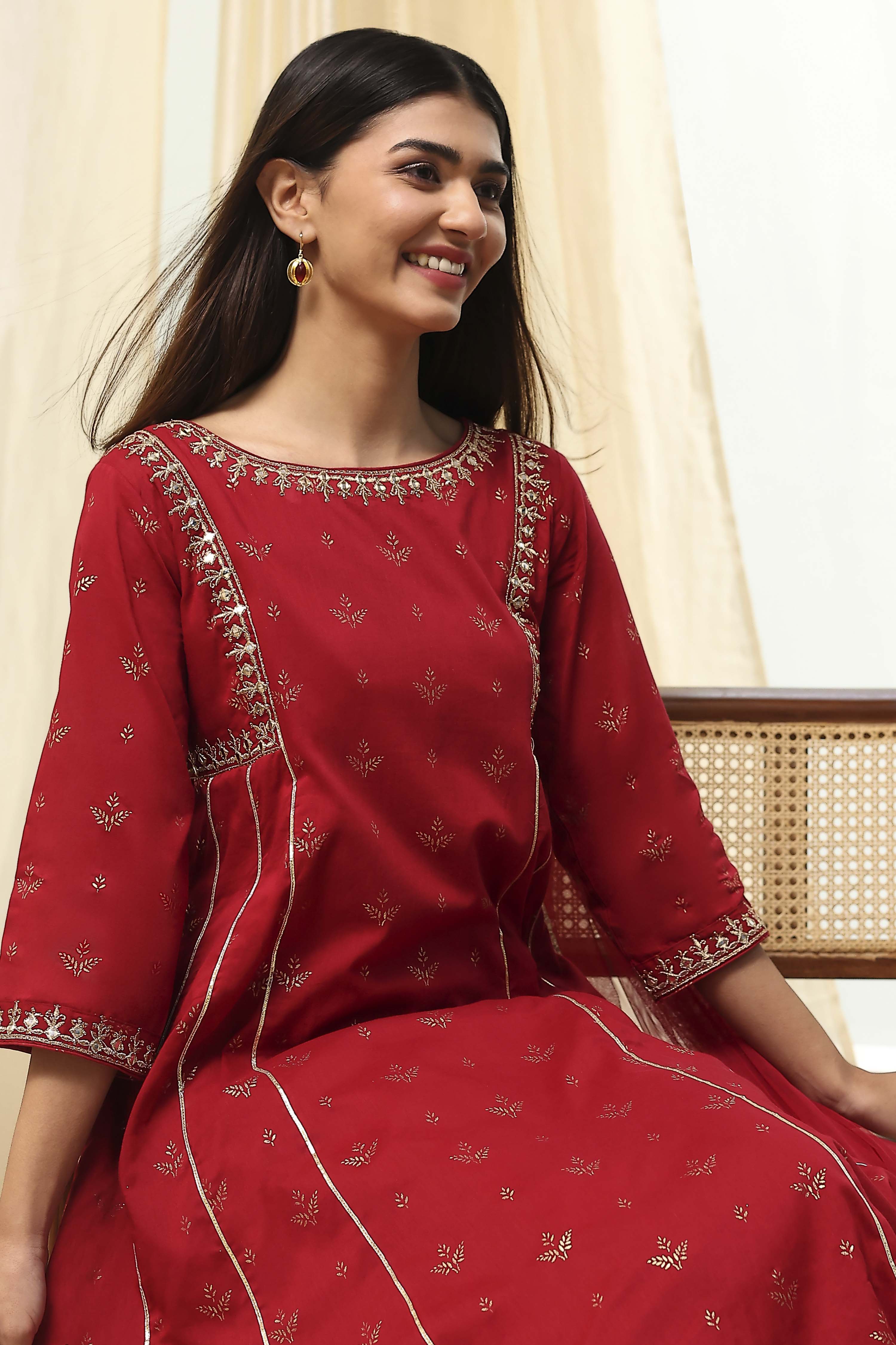 Red Cotton Foil Printed Kalidar Suit Set image number 1