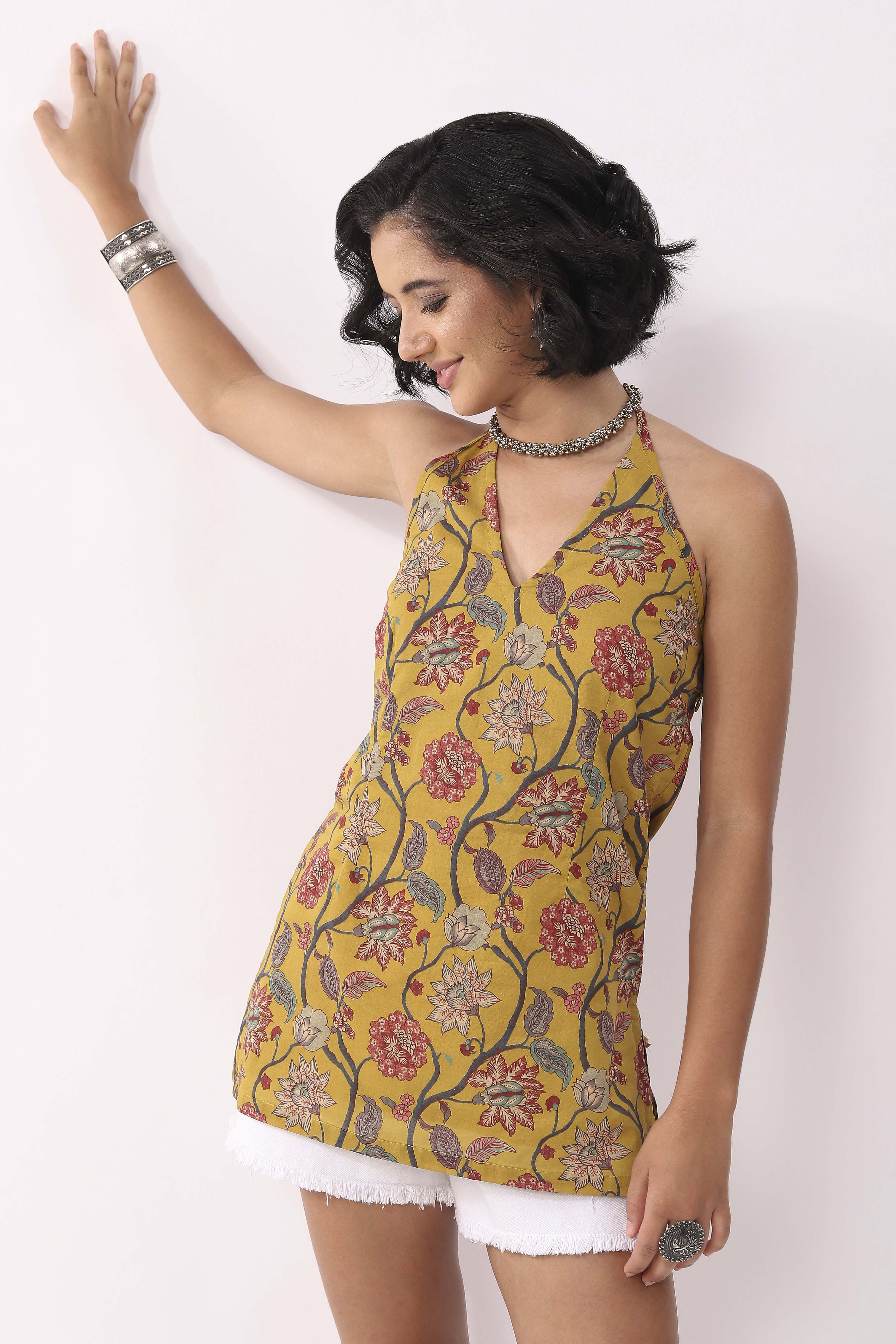 Mustard Cotton Floral Halter Lace-Up Kurti image number 6