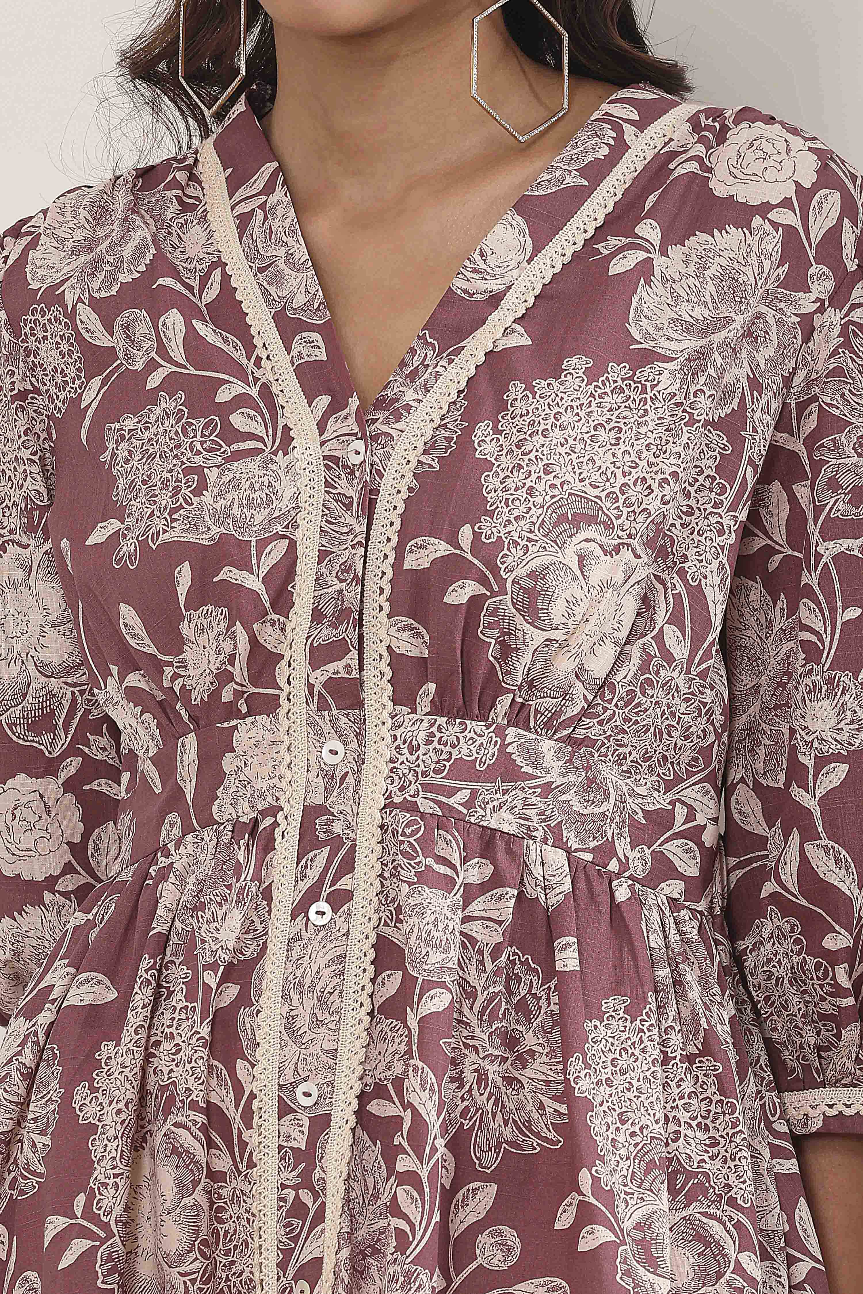 Nude-Colored Cotton Printed Flared A-Line Dress image number 1