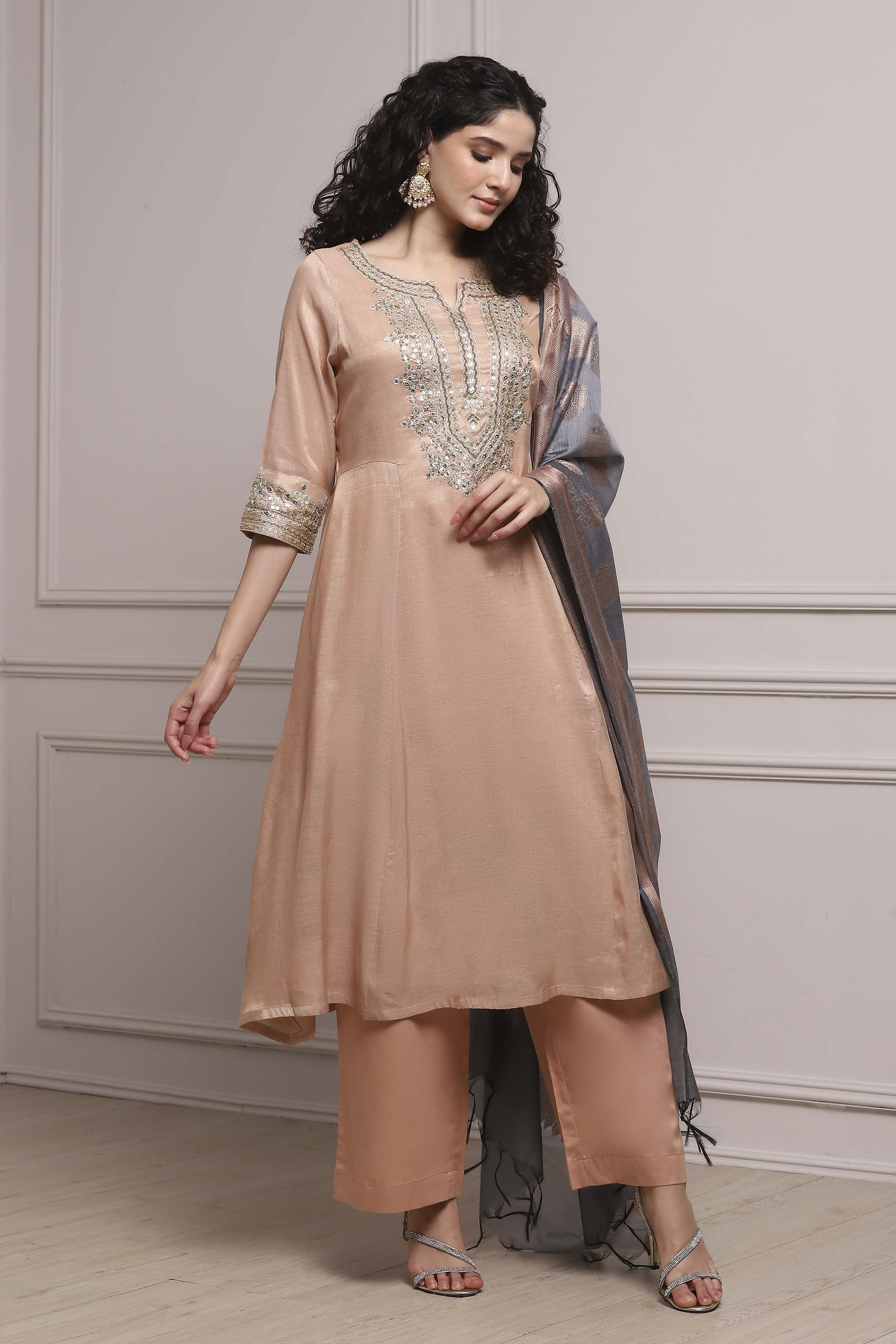 Blush Peach Cotton Tissue Embroidered Dyed Kalidar Suit Set image number 5