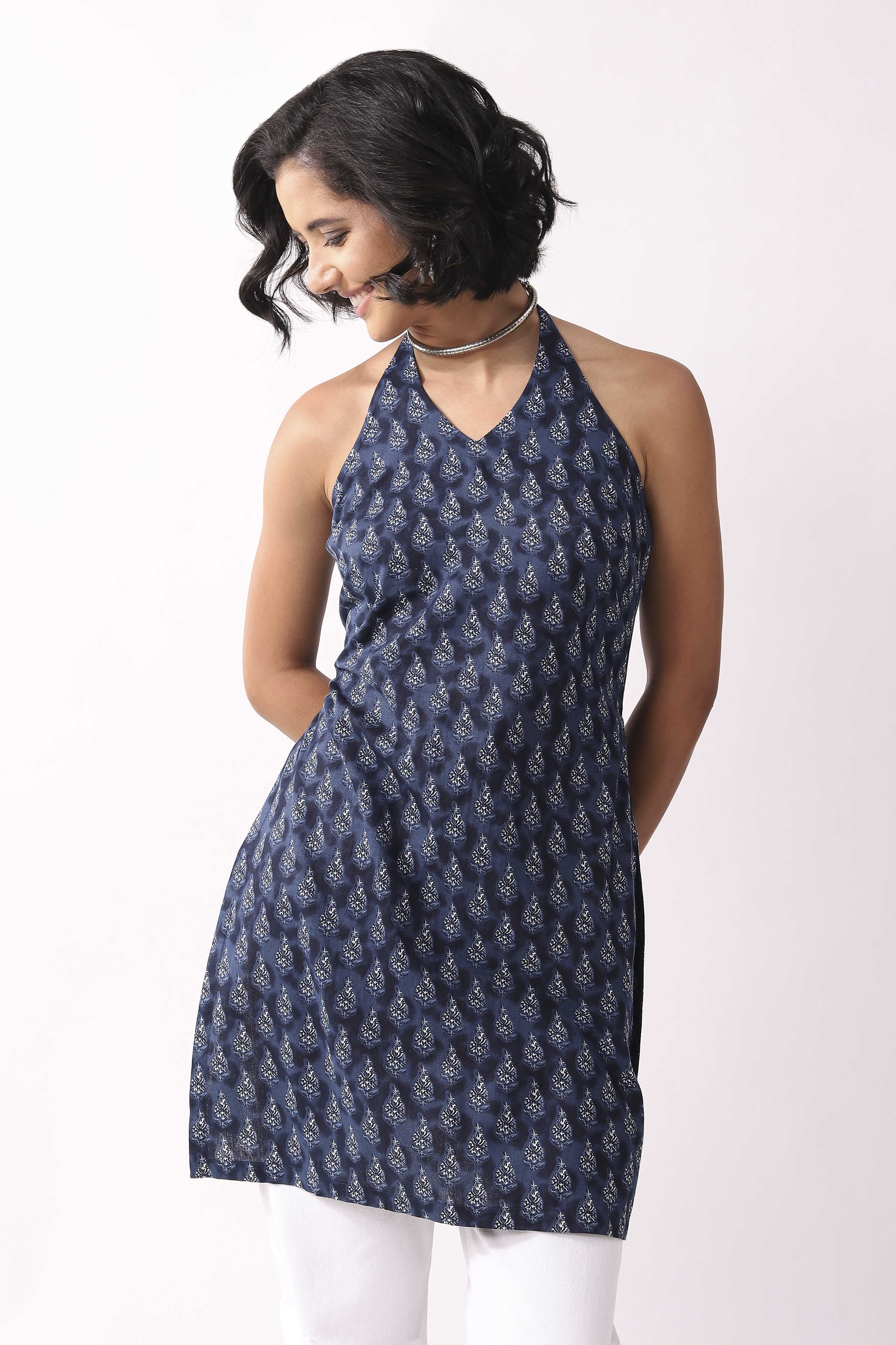 Indigo Cotton Floral Halter Tie-Up Kurti image number 5
