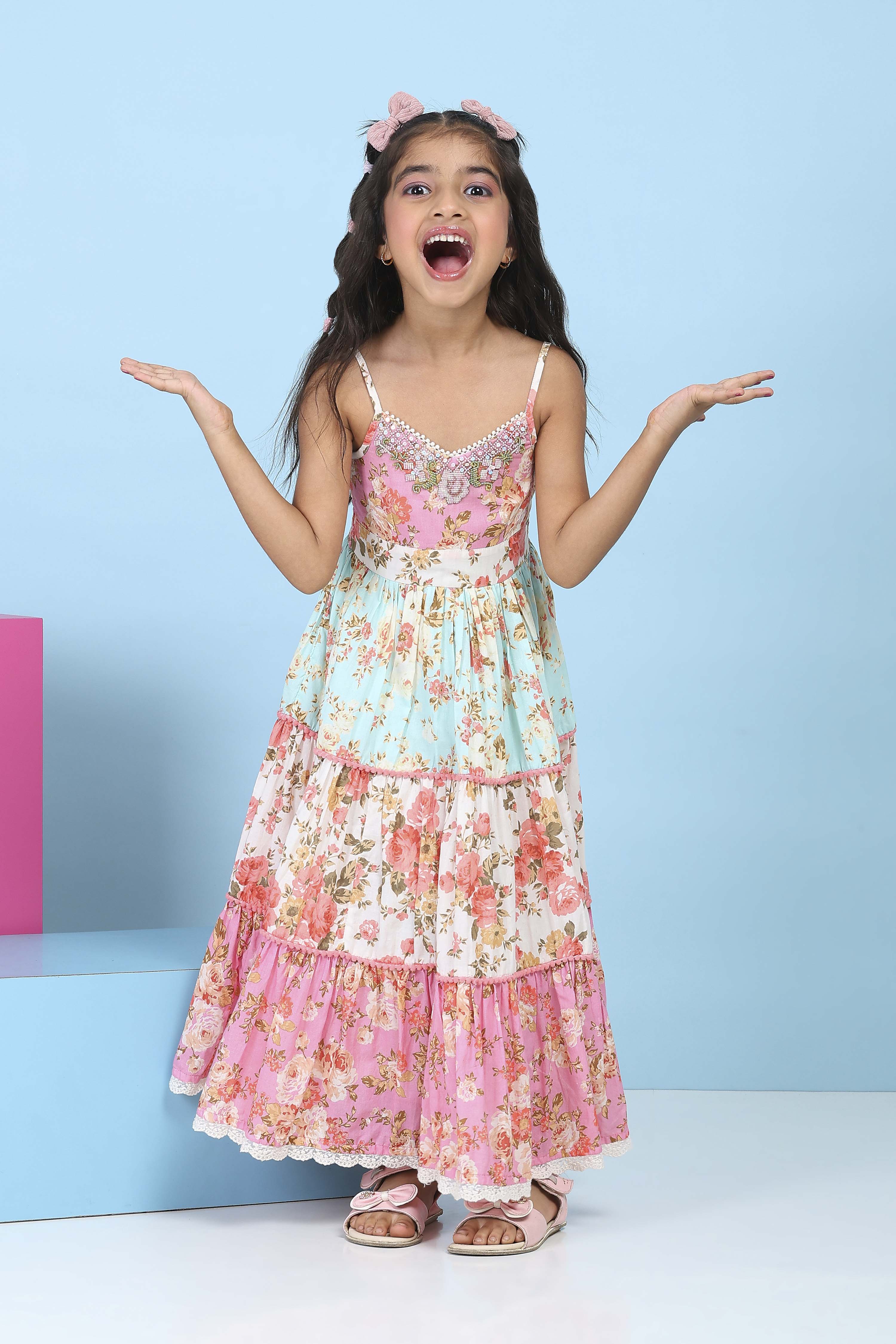 Pink Cotton All-Over Floral Tiered Flared Dress image number 0