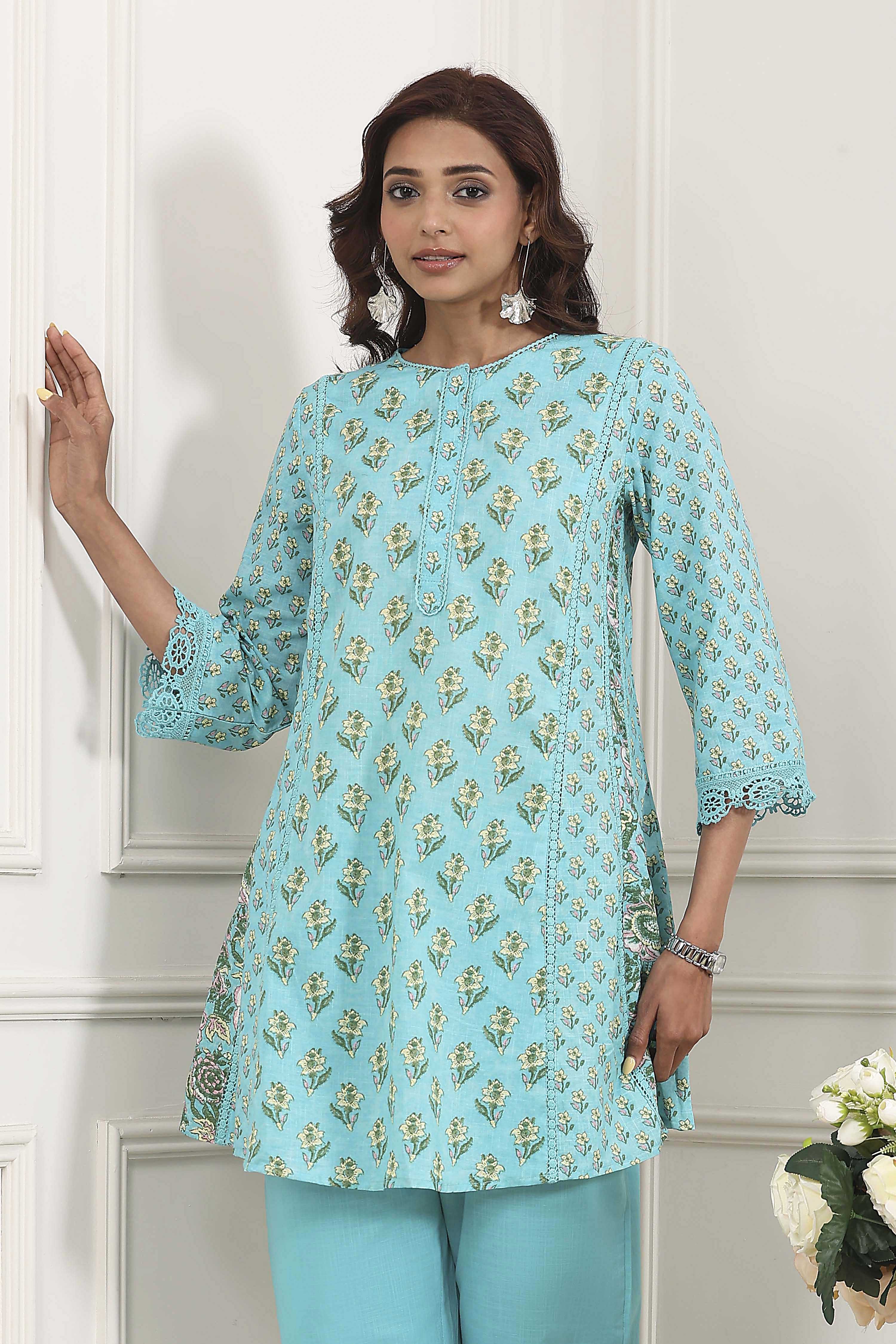 Turquoise Cotton Printed Kalidar Kurta Set image number 7