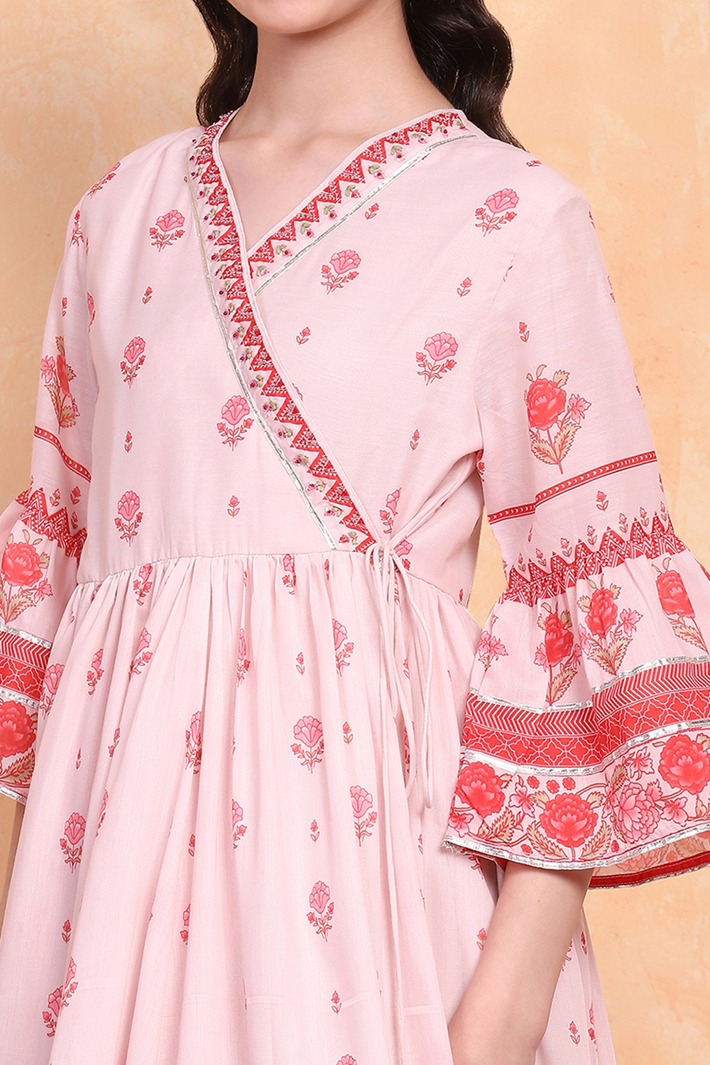 Pastel Pink Printed Angrakha Gathered Suit Set image number 6