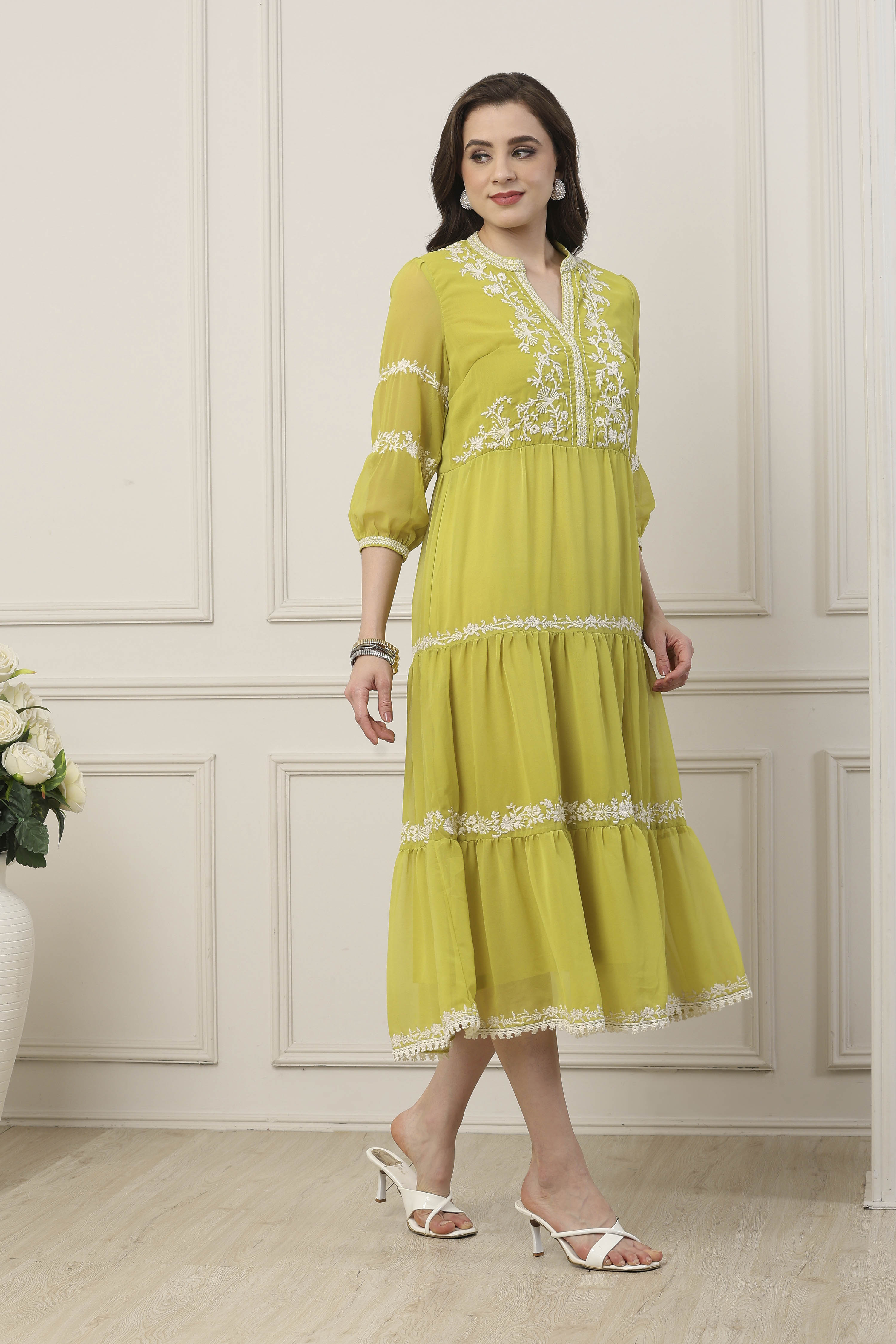 Green Floral Yoke Embroidered Tiered Dress image number 4