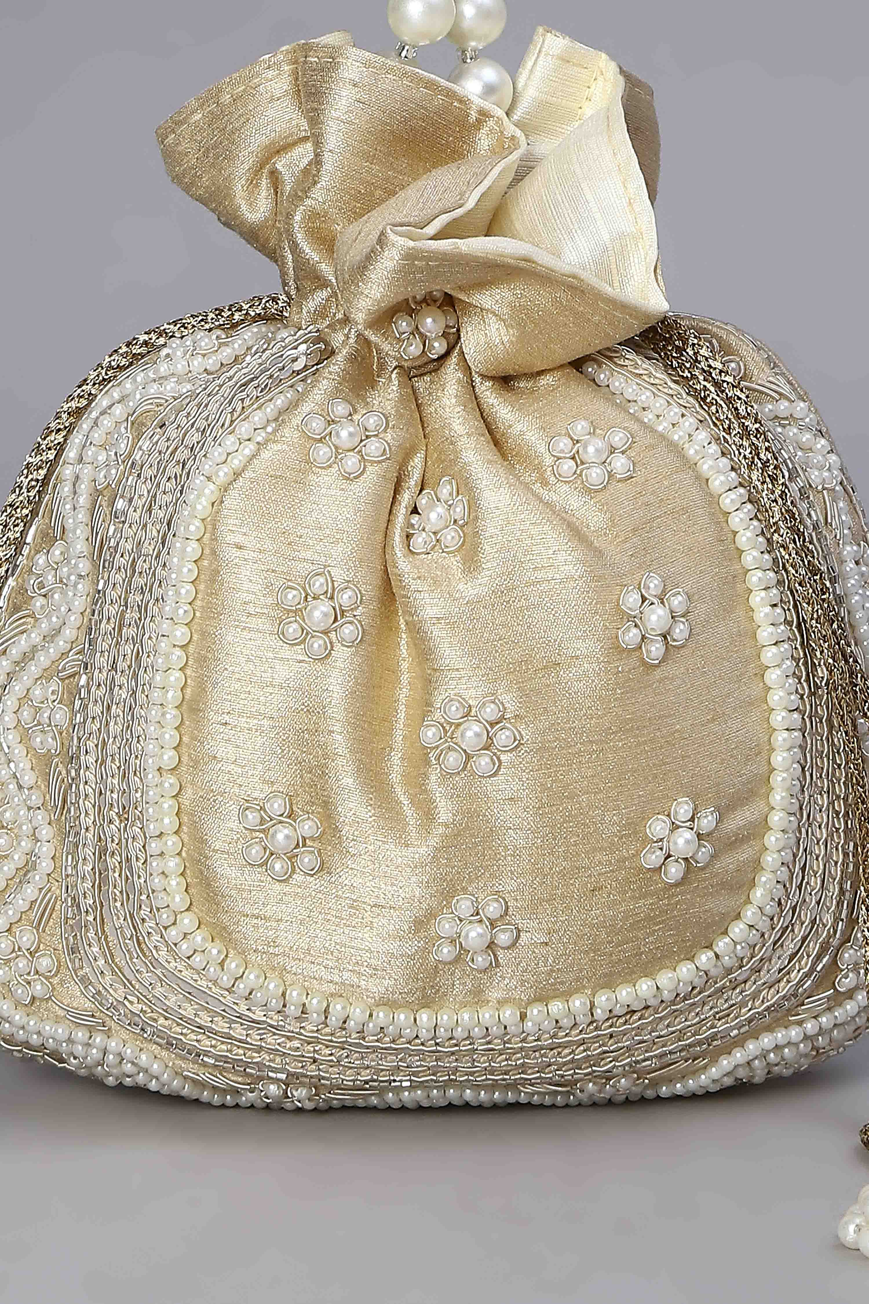 Beige Fabric Floral Embellished Potli image number 6