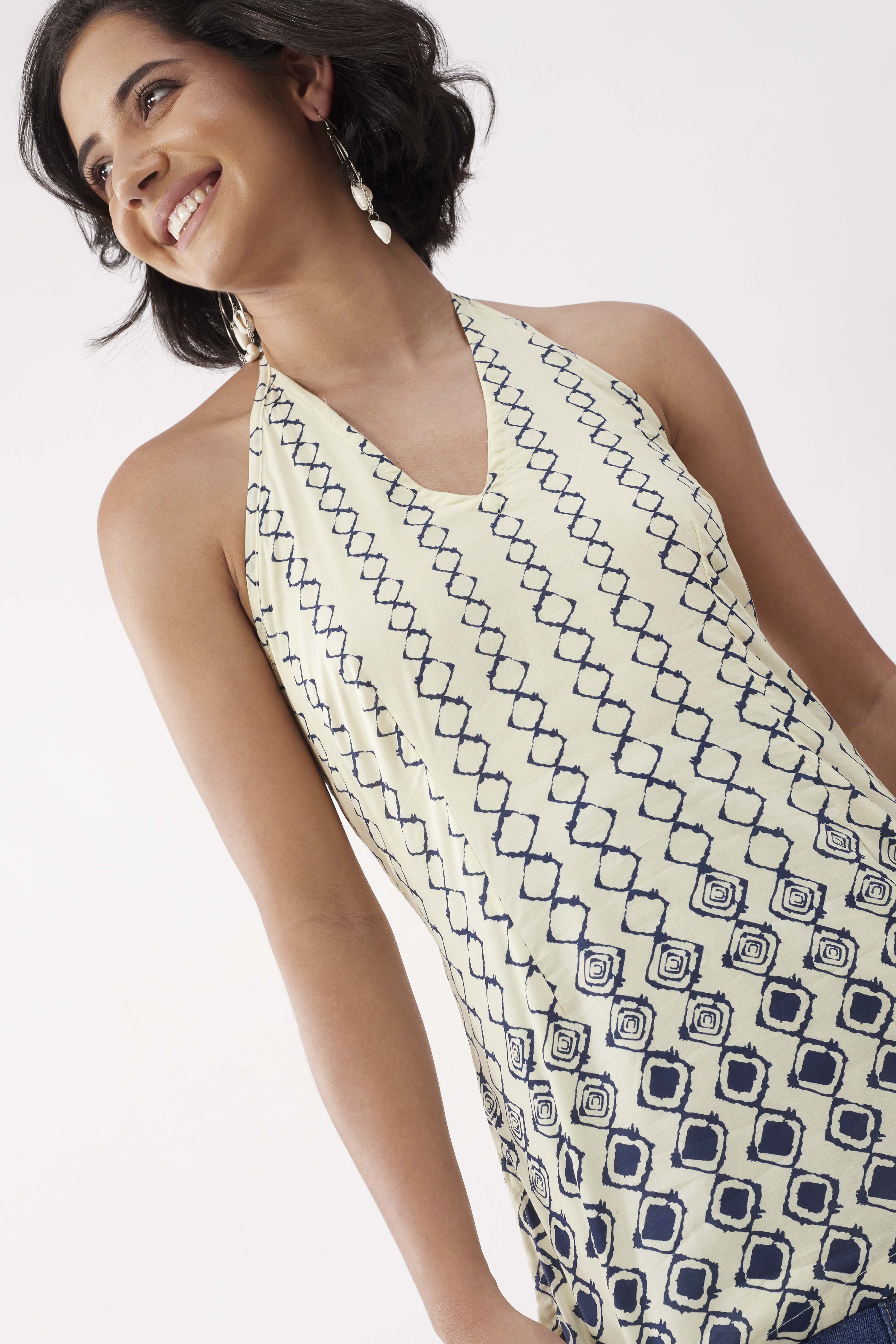 Ivory Cotton Geometric Tie-Up Halter Kurti image number 1