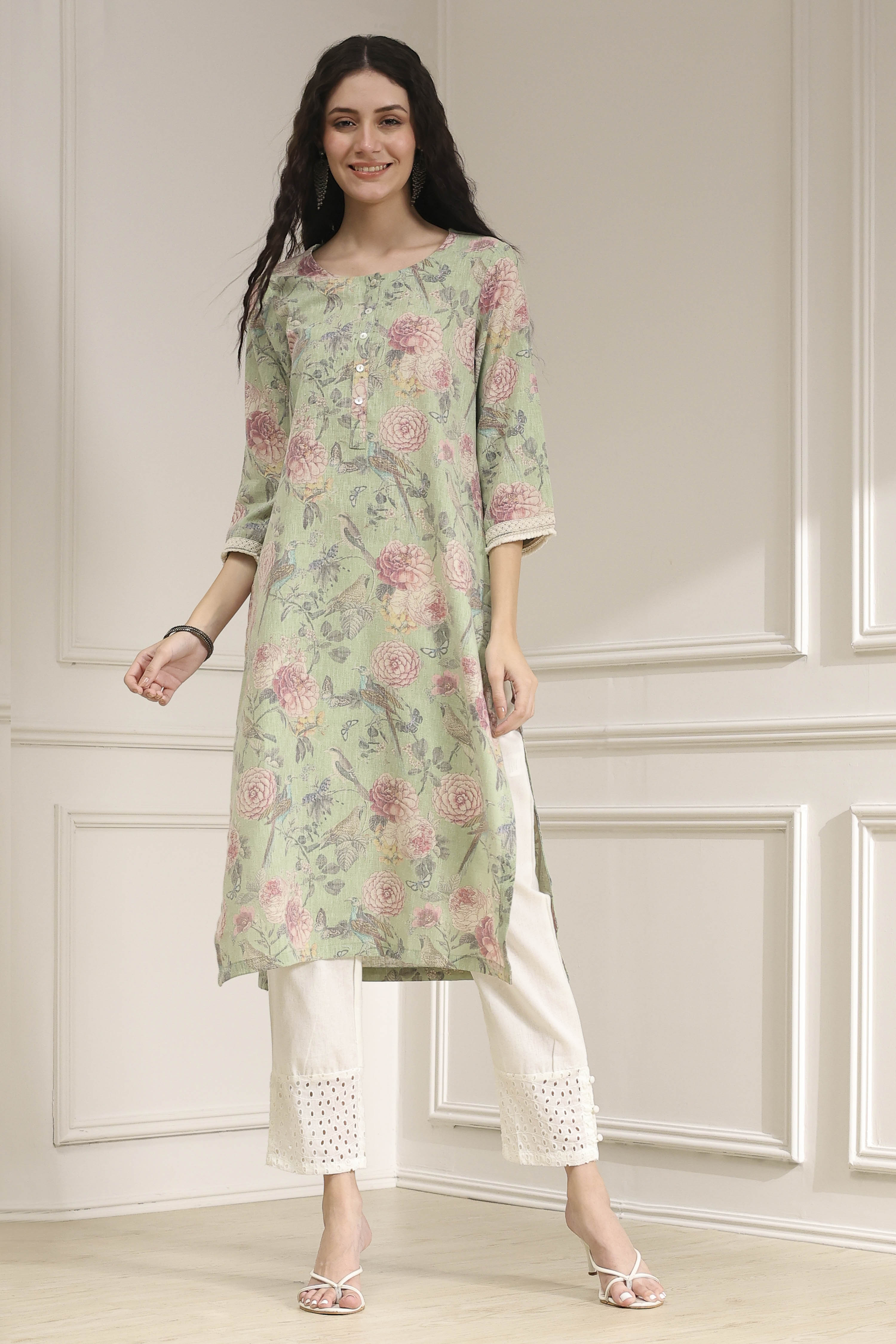 Yellow Cotton Blend Printed Straight Kurta image number 5