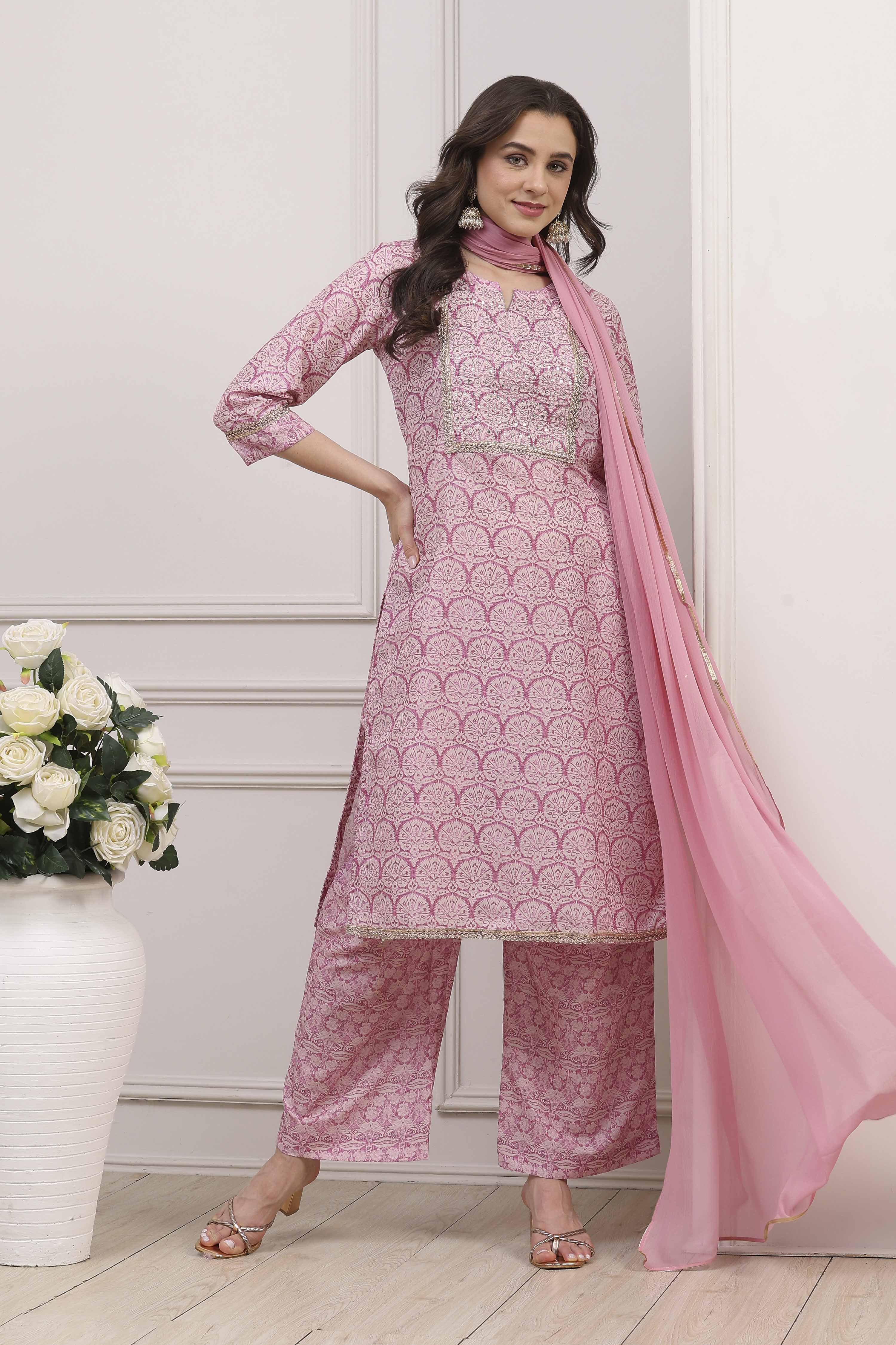 Pink Cotton Blend Straight Kurta Palazzo Suit Set image number 0