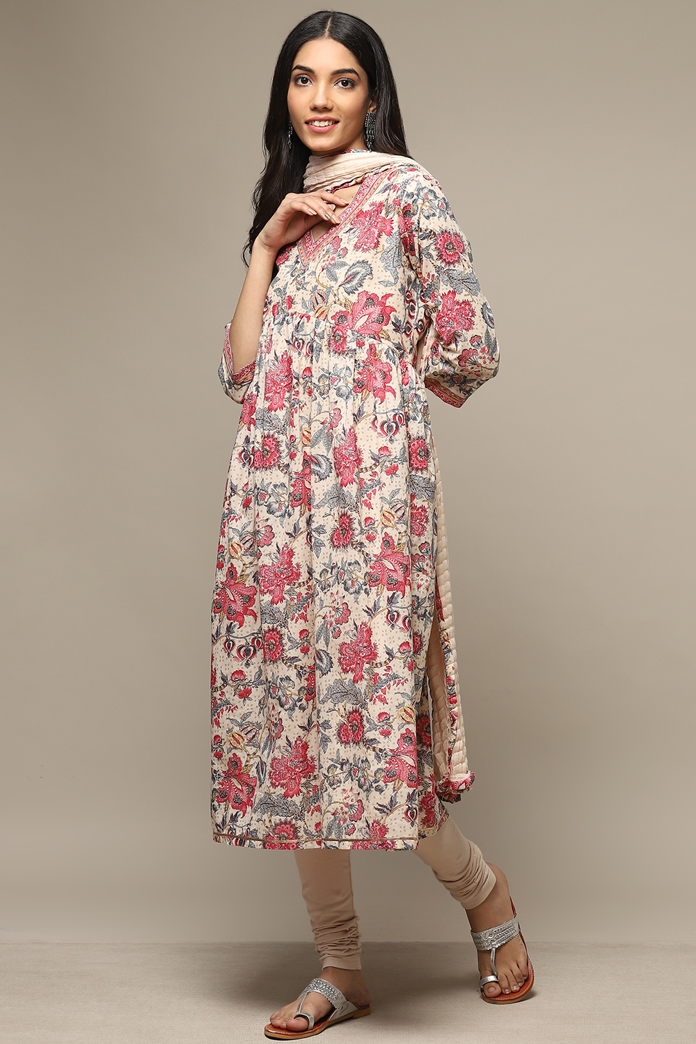 Dull Sea Blue Cotton Gathered Kurta Churidar Suit Set image number 5