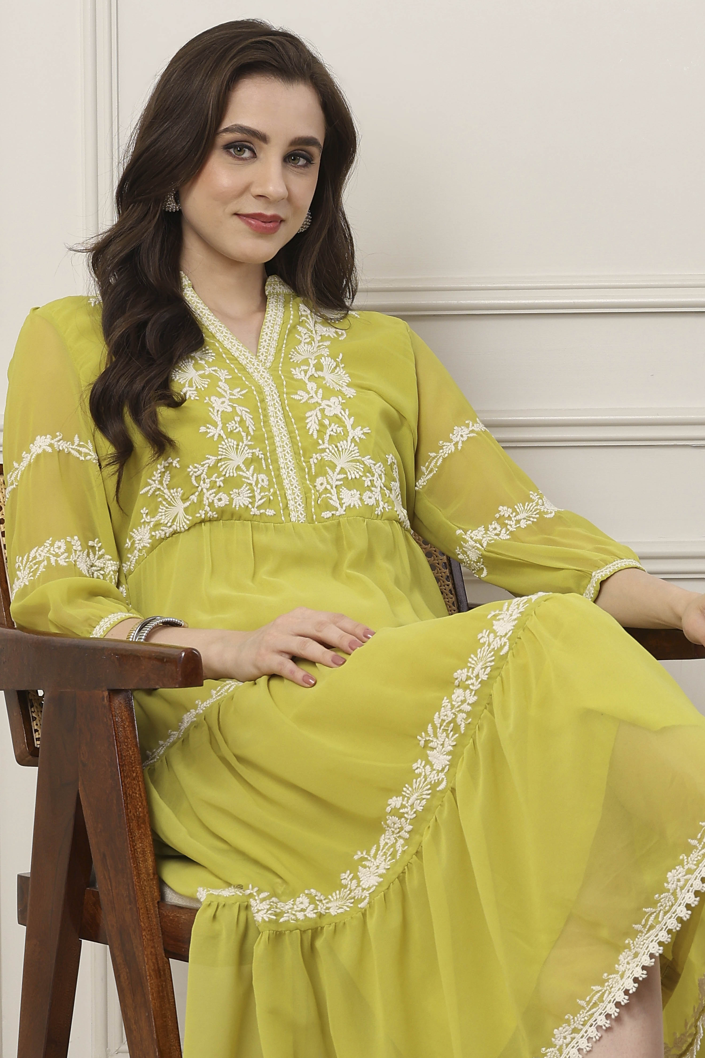 Green Floral Yoke Embroidered Tiered Dress image number 5